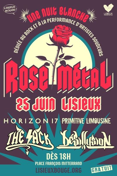 Affiche Rose Métal 2022 concerts rock et performance de soudeurs Lisieux